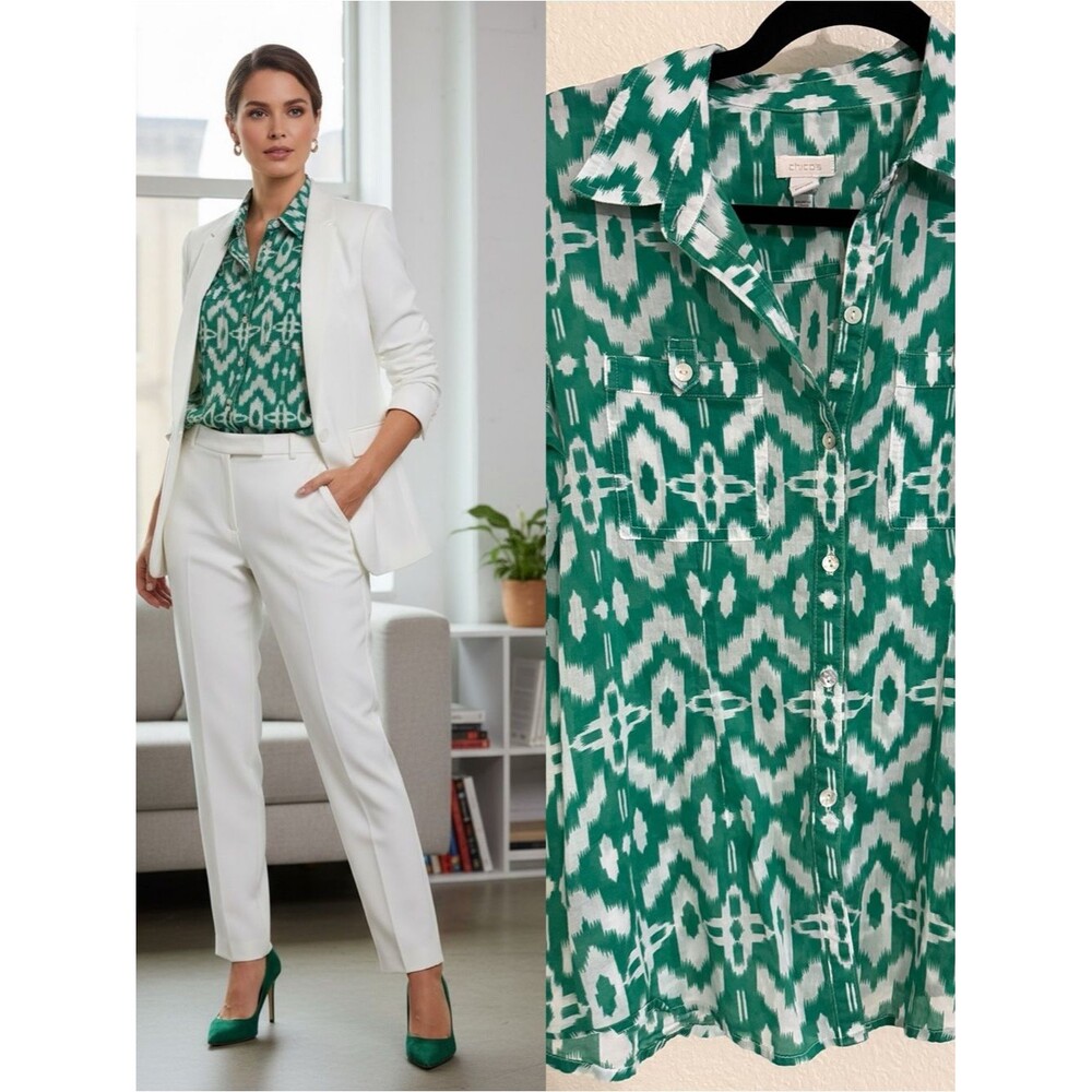 Chico’s Size 0 Green White Ikat Print 100% Cotton Button Front Blouse Small